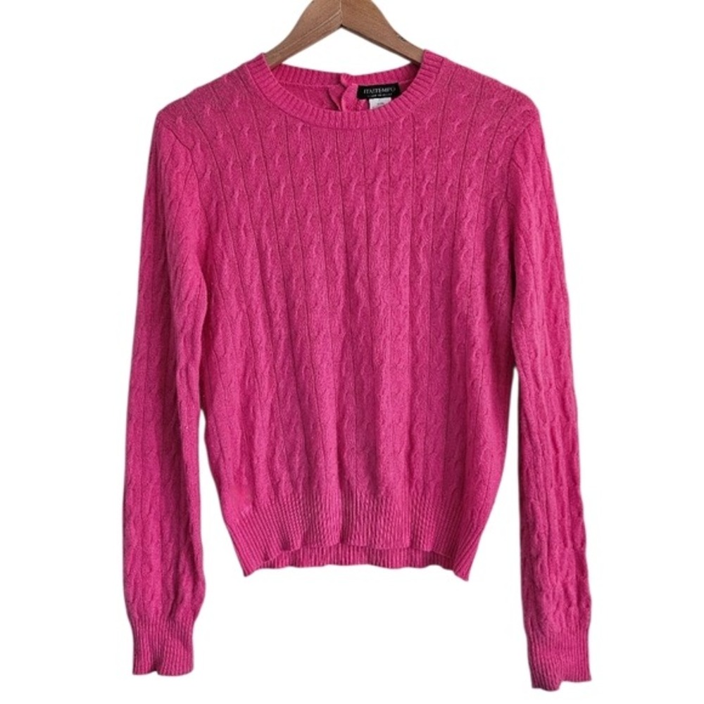 Italtempo 100% Cashmere Cable Knit Crew Neck Sweater Fuchsia Pink Size M Italy